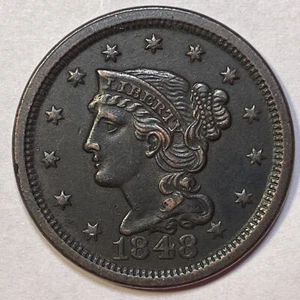 1848 Braided Hair Large Cent Almost Uncirculated AU Coin #20530 - Picture 1 of 3