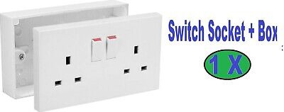 Double Wall Switch Socket 2 Gang 13a Switched Plug & Box White Plastic Square • 5.96£