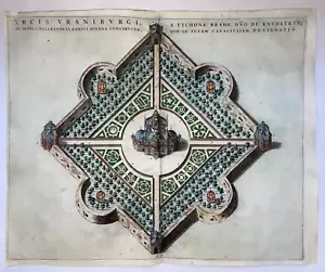 DENMARK PLAN OF URANIBORG HUEN ISLAND 1663 WILLEM BLAEU ANTIQUE VIEW (WITH GOLD) - Picture 1 of 9