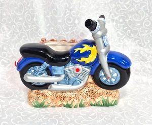 Vtg Ceramic Napco Motorcycle Planter/ Vase , Blue with Yellow Flames Bike Hog - Picture 1 of 19