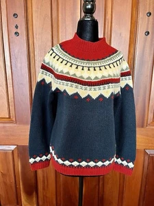 Vintage Eddie Bauer Red Blue Yoke Funnel Neck wool Sweater -XS Oversized Nordic - Picture 1 of 8