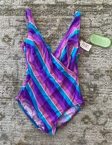 Vintage Pink Blue Purple Stripe V Neck One Piece Swimsuit NOS Union Made USA - Picture 1 of 9