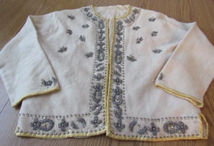Vintage 50s Cream Hand Beaded Lamb’s Wool Angora Cardigan Sweater Small - Picture 1 of 22