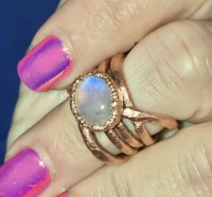 Rainbow Moonstone Illusion Stack Ring Electroformed Healing Copper 5.5 - Picture 1 of 16
