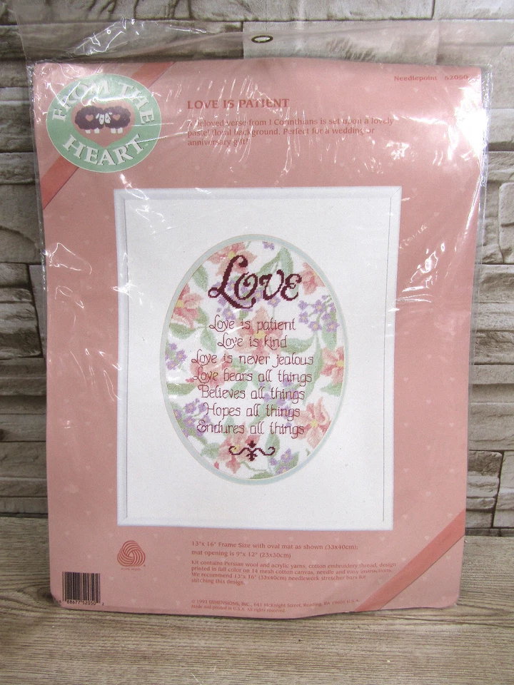 Nuevo en paquete 1991 Vintage Dimensions Needlepoint Love Is Patient Kit de bordado 52050 Foto 1 de 2