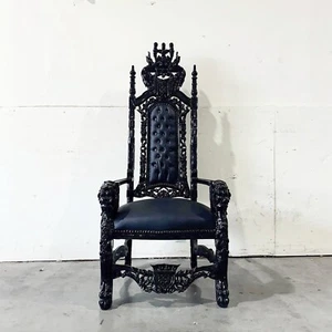 French Medieval Style King Throne Chair with Black Leather and Details - Picture 1 of 6