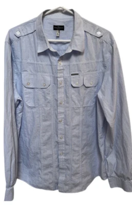 Marc Ecko Men's Large L Striped Blue White Button Up Collared Shirt Long Sleeve - Image 1 of 4