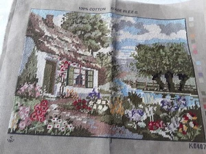 Completed Needlepoint Tapestry Lovely Rural Scene Cottage Garden And Lake - Picture 1 of 4