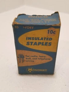 Vintage 30 Ct Monowatt Ivory Insulated Staples Original Box EMPTY GE2540-2P CO1 - Picture 1 of 4