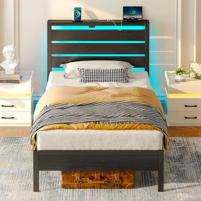 Bed Frame Twin Size with USB Charging Station, LED Bed Frame with Wood Storag... - Image 1 of 4