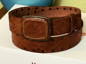 KURTZ Men's 36 Brown Tooled Studded Leather Buckle Belt - Picture 1 of 10