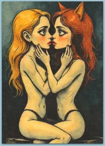 ACEO watercolor painting - cat kitty kiss sexy girl woman surreal - Picture 1 of 1