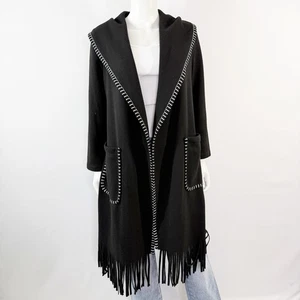 IPEKYOL Black Belted Fringe Duster Cardigan Size 4 Casual Boho Whimsigoth - Picture 1 of 9