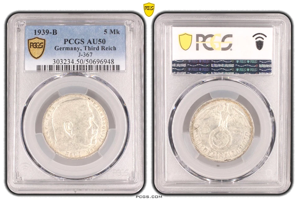 PCGS AU50 5 MARCOS 1939 B ESVÁSTICA Alemania Tercer Reich Moneda de Plata J-367 Segunda Guerra Mundial 5 Mk Foto 1 de 1