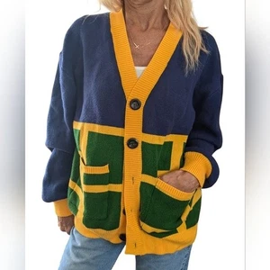 Steady Hands Colorblock Cardigan Sweater Blue Green Yellow Oversized S/M - Picture 1 of 9