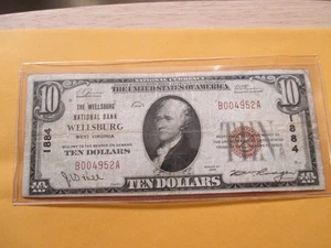 1929 $10 THE WELLSBURG NATIONAL BANK WLLSBURG, WEST VIRGINIA RARE - Picture 1 of 4