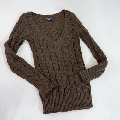 Suéter Ralph Lauren Para Mujer Mediano Marrón Lana Alpaca Cable Tejido Cuello en V Pullover Foto 1 de 4