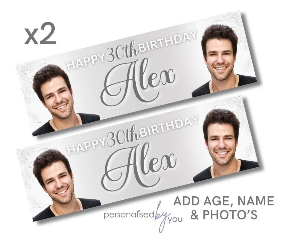 2x Foto Personalizada Banners Cumpleaños Negro Gris Grande 16 18 21 30 40 Foto 1 de 1