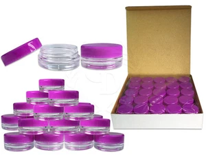 50 Piece 3 Gram/3ml Plastic Round Clear Sample Jar Containers with Purple Lids  - Picture 1 of 1