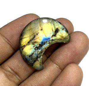 31.80 Cts Natural Multi Fire Labradorite Carved Cabochon Crescent Moon Gemstone - Picture 1 of 6