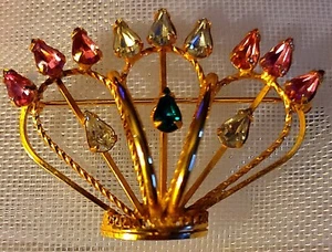 Ekelund Bros 12k GF Krone bunte Trachten Brosche Anstecknadel Swarovski USA 50er Jahre - Bild 1 von 12