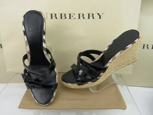 BURBERRY BLACK PATENT LEATHER CHECK LOGO SLIDE JUTE ESPADRILLE SANDALS 40 10 - Picture 1 of 14