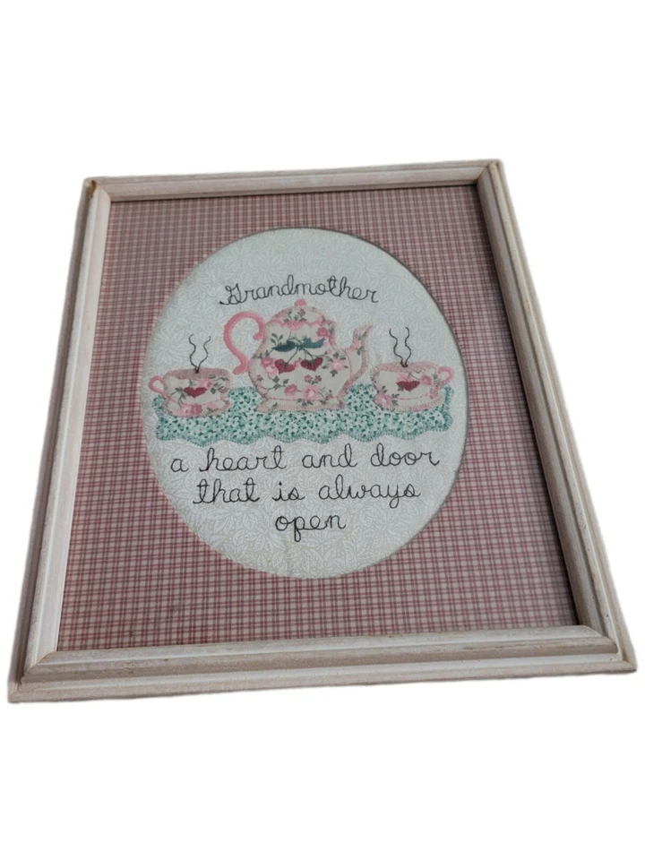 Antique 1995 Embroidery Cross Stitch Pattern Teacup Coffee Pot in Wood Frame 11" - Image 1 of 4