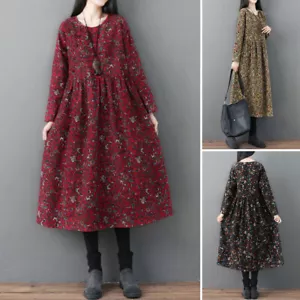 Reino Unido 8-24 Mujeres Otoño Algodón Mangas Largas Estampado Floral Caftán Holgado Midi Vestido - Imagen 1 de 15
