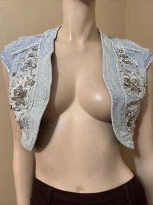 Women’s Light Blue Cotton Denim Casual Stretch Beaded Glitter Short Size M Vest - Picture 1 of 22