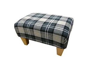 FOOTSTOOLS IN A GREY & BLACK TARTAN FABRIC - Picture 1 of 2
