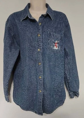 Camisa azul de mezclilla con botones Mountain Lake talla L para mujer muñeco de nieve tema bordado Foto 1 de 4