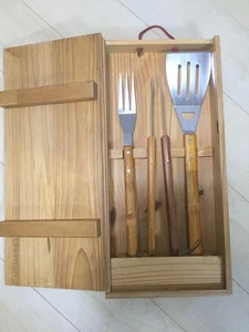 Burton Snowboards BBQ Tool Set Fork Spatula Tongs with Wooden Case Japan - Picture 1 of 20
