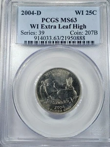 2004-D 25C WI Extra Leaf-High Quarter PCGS MS63 - Picture 1 of 5