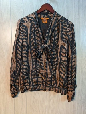 Women's Tori Burch Designer Black/Brown Pattern Button Up Neck Tie Blouse Size 6 - Image 1 of 4