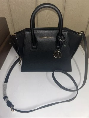 MICHAEL KORS AVRIL SMALL ZIP SATCHEL CROSSBODY BAG BLACK LEATHER SUEDE GOLD NWOT - Image 1 of 4