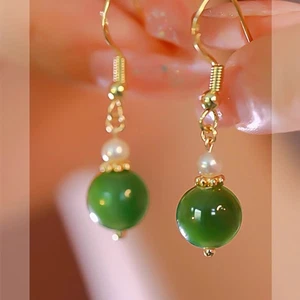 Preciosos Pendientes AAAA 6-9mm Real Natural Verde Redondo Perla Akoya Jade Oro 14k - Imagen 1 de 6
