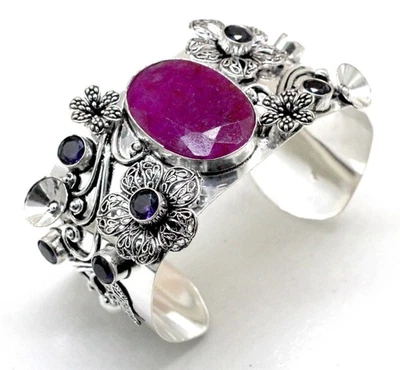 Pink Ruby&Amethyst 925 Sterling Silver Gemstone Jewelry Cuff Bracelet Adjustable - Image 1 of 4