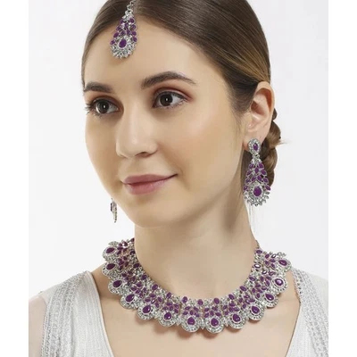 Gargantilla Kundan india Bollywood plateada collar nupcial pendientes conjunto de joyería Foto 1 de 4