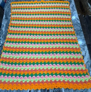 Vtg Afghan Throw Retro 70s Crochet Orange Pink Green Boho Stripe Blanket 57x40 - Picture 1 of 9