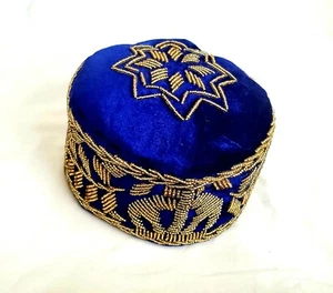 Quality Bead Embroidered Traditional kufi Velvet Hat cap. Igbo chief Ozo- Blue 4 - Picture 1 of 5