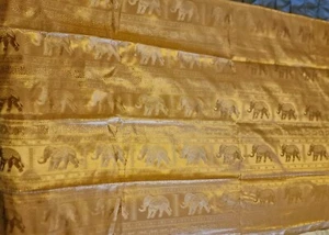 Vintage Thai Silk Gold Tablecloth Elephant Design 76" x 58" Tasselled Corners - Picture 1 of 4