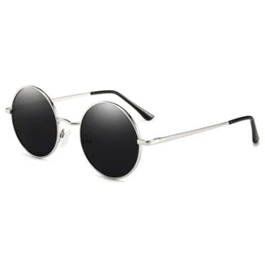 Round Polarized Sunglasses for Men Women Retro Metal Silver Frame Black Small... - Picture 1 of 8