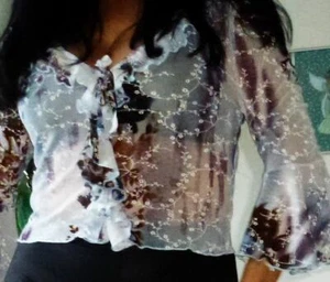 Mesh Bluse Chiffon hellblau Ornament Volant Boho Rüschen Trompete Flügelärmel 36 - Bild 1 von 7