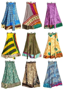Wholesale Pack of Vintage Silk Long Sari Recycled Magic Wrap Around Skirts - Picture 1 of 8
