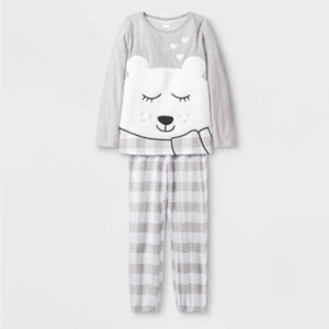 NWT Cat & Jack Girls Size Small 6/6X 2 Piece Cozy Bear Pajama Light Gray White - Picture 1 of 5