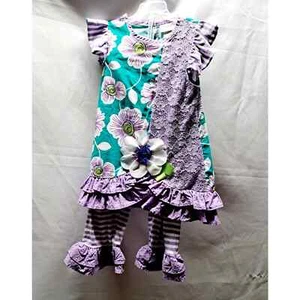 Emily Rose 2 piece top pant Lilac turquoise floral ruffle stripes lace set 5 - Picture 1 of 6