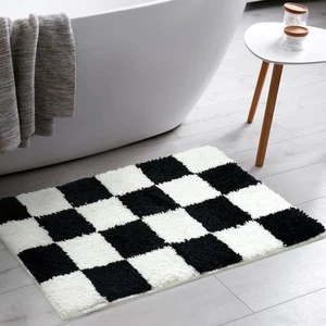 Alfombra de baño de lujo negra y blanca a cuadros con rejilla, tablero de ajedrez clásico de 24"x36... - Imagen 1 de 7