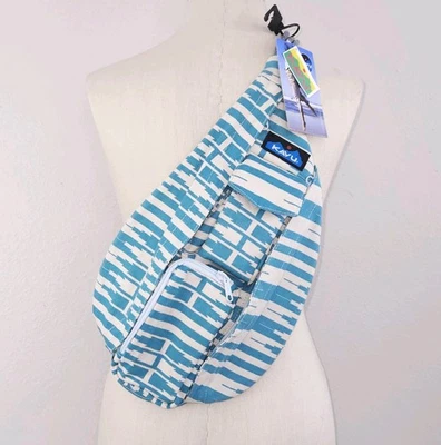 KAVU Rope Sling Bag Crossbody Backpack Blue White Canvas Cotton Skyline Ikat NEW - Image 1 of 4