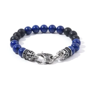 Genuine Black Matte Agate Lapis Stainless Steel Beaded Bracelet, Men's Bracelet - Picture 1 of 3