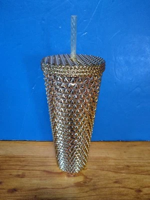 Vaso de oro con textura de doble pared acrílico Holiday Time 26 oz con pajita NUEVO Foto 1 de 4